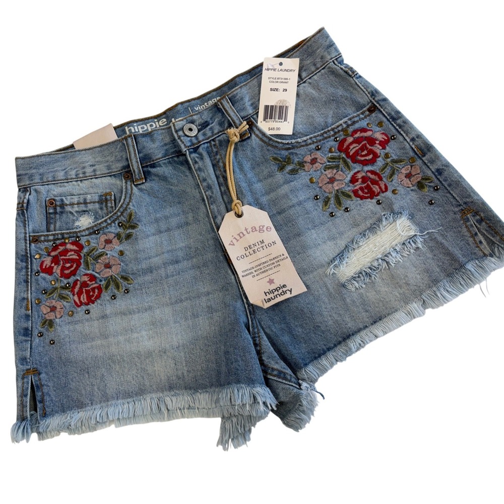 Hippie Laundry Vintage High Rise Denim Shorts Blue Floral Embroidered Size 29